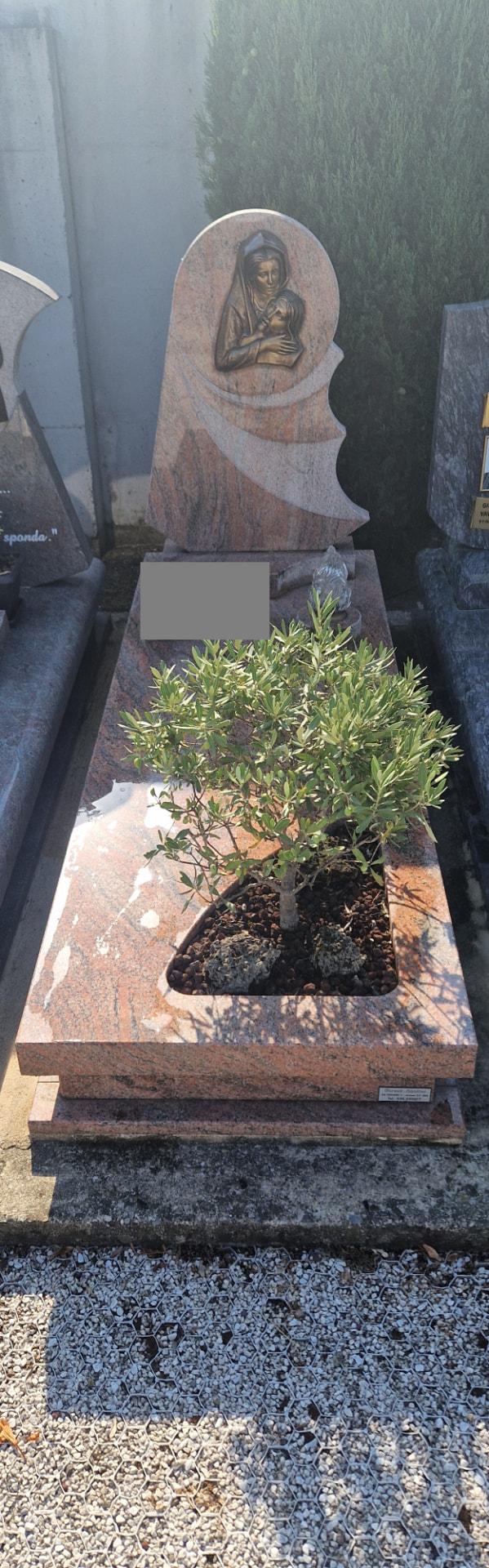 Tomba in granito rosa venato con stele ovale, Madonna con Bambino in bronzo e aiuola con ulivo