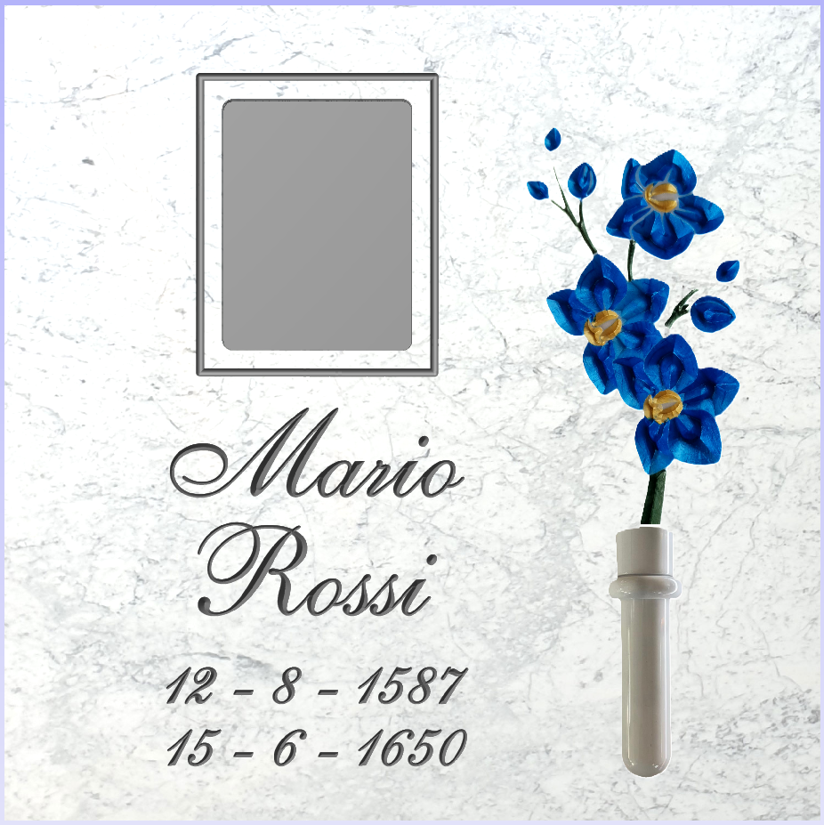Lastra per ossario in marmo con portafiori e fiori azzurri