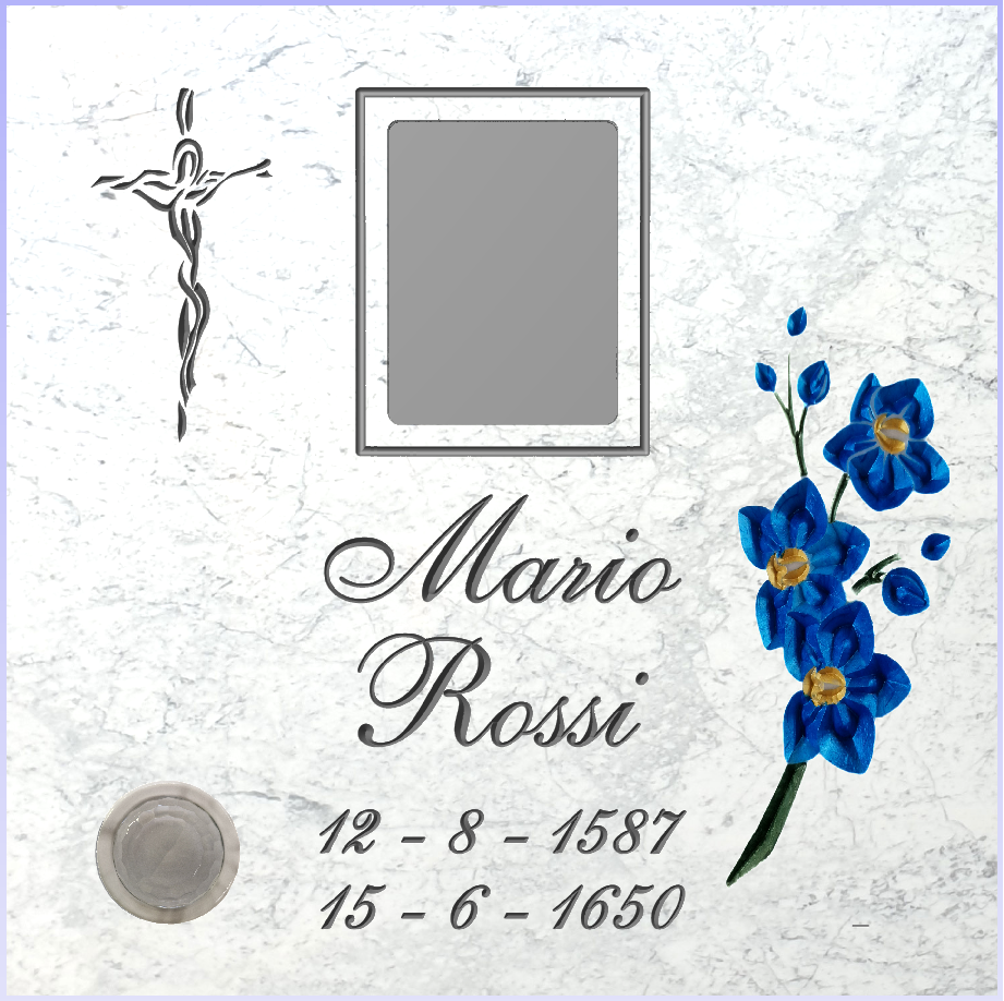 Lastra per ossario in marmo con crocifisso stilizzato e fiori azzurri