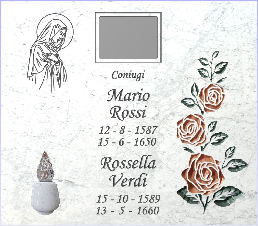 Lastra per colombario per coniugi con immagine sacra e rose