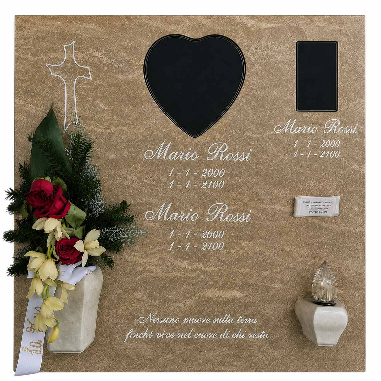 Lastra per colombario in marmo beige con portafiori, lumino votivo e incavo a cuore per foto commemorativa