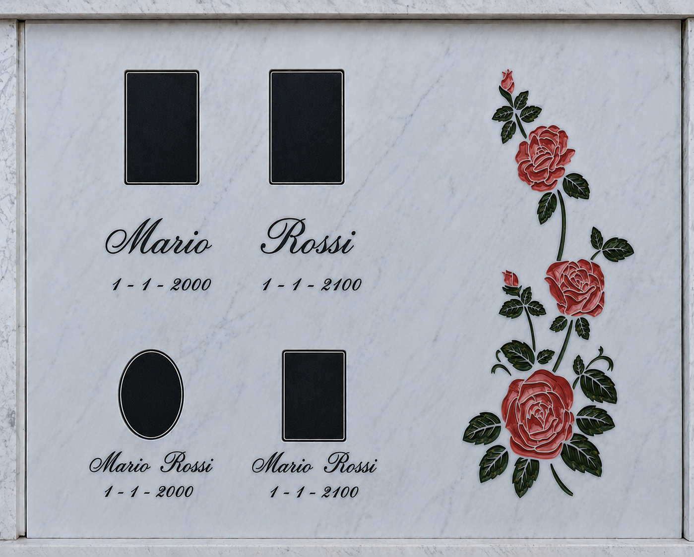 Lastra per tomba di famiglia in marmo bianco con rose e quattro spazi per foto commemorative