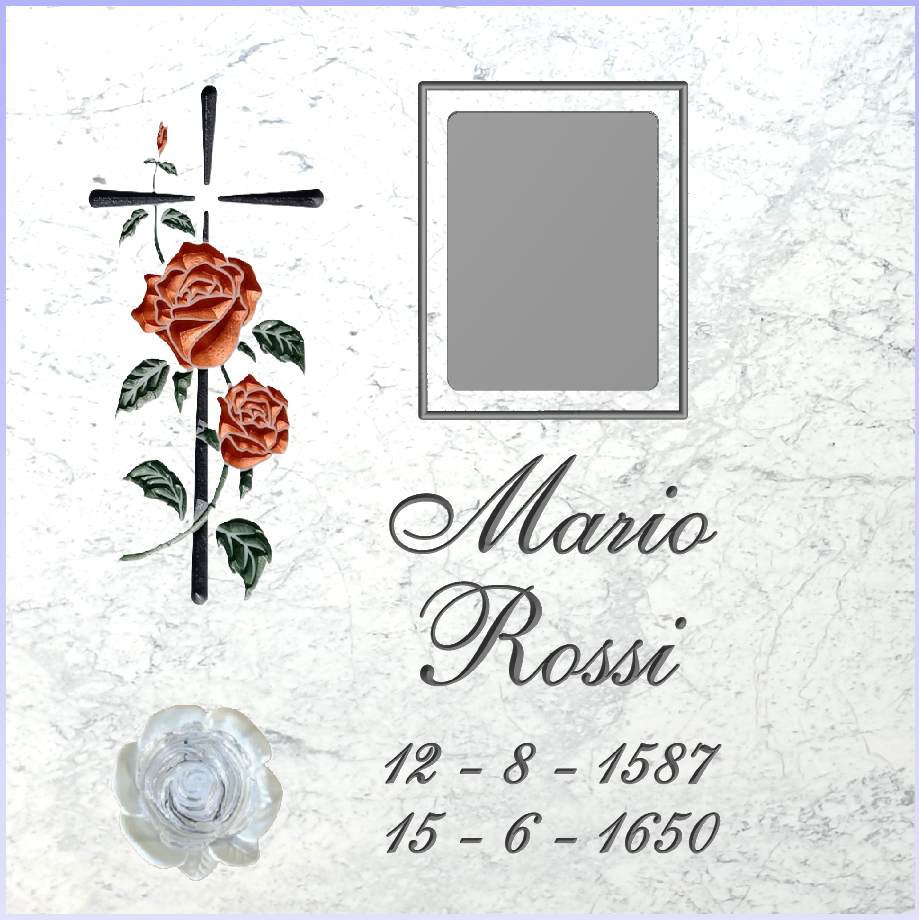 Lastra per colombario in marmo con croce e rose incise