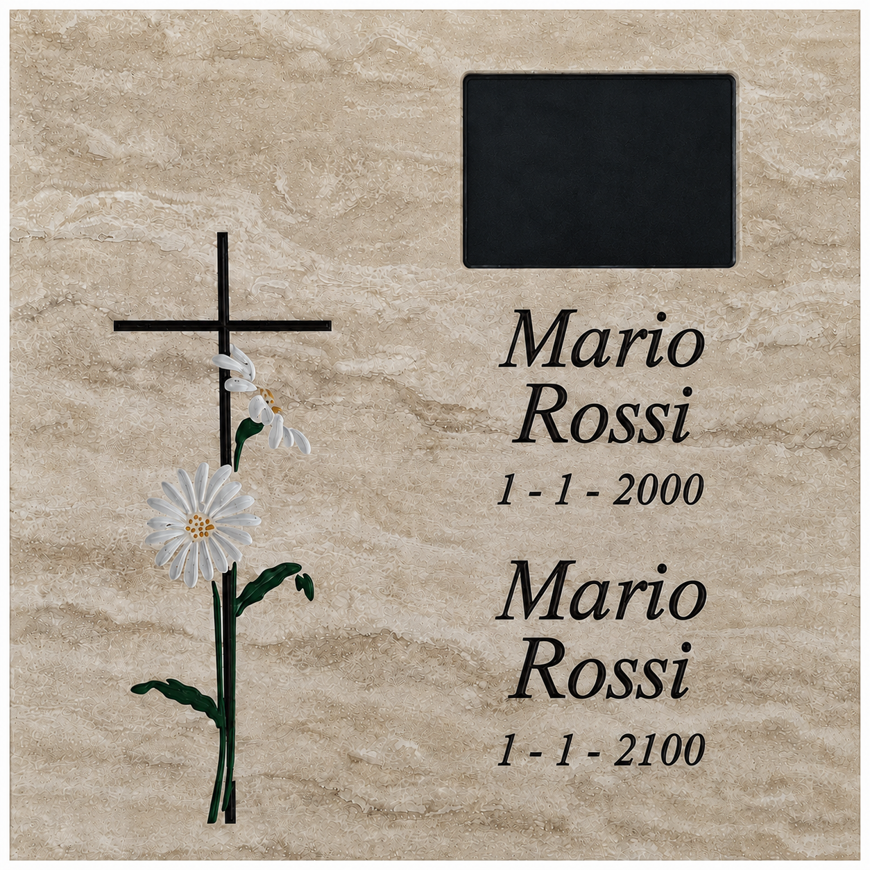 Lastra per ossario in marmo beige con croce nera intrecciata di margherite e spazio per foto